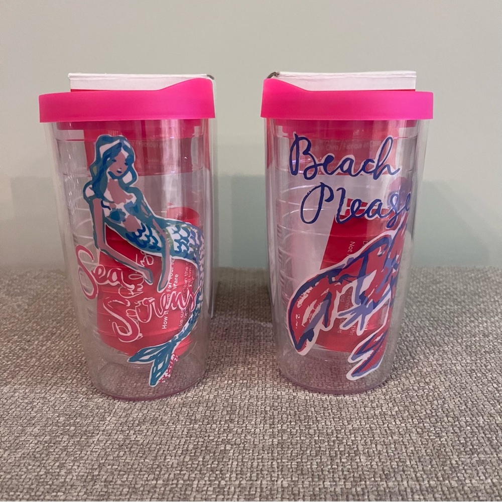 Lot of 2 New Lilly Pulitzer Plastic Travel Tumblers Cups Lobster Mermaid Gift